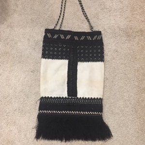 VTG Tribal Persian Handmade Natural Cotton Black Wool Fringe Shoulder Bag 9"x16"